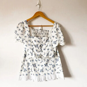 Emory Park Blue Ditsy Floral Eyelet Lace Detail Two Piece Mini Skirt Set Sz S